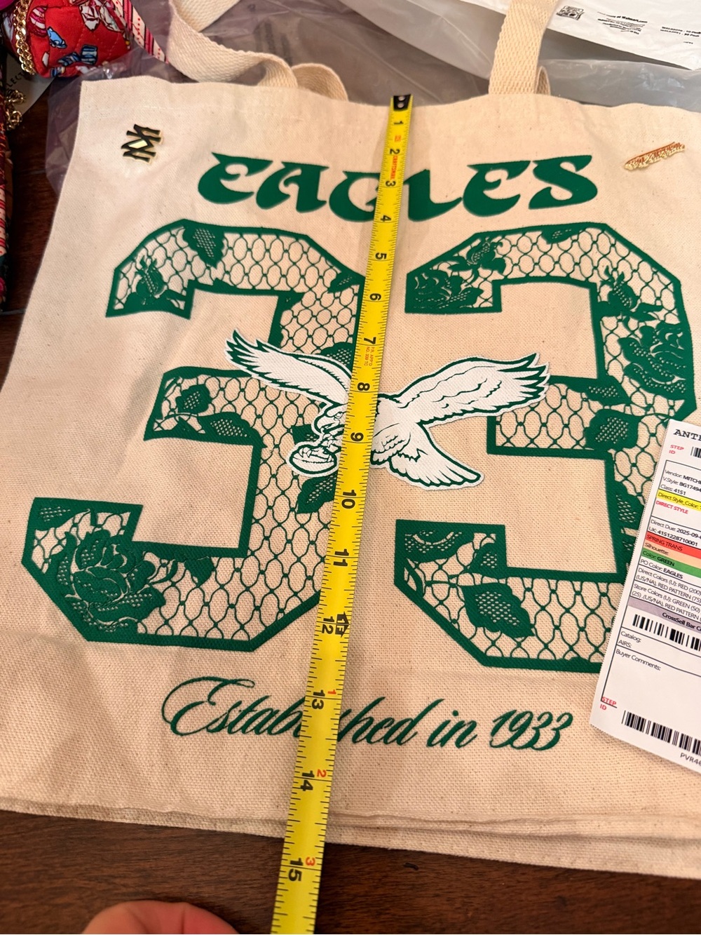 Mitchell & Ness Beige Canvas Eagles 33 Graphic Tote with Green Print - Picture 2 of 5